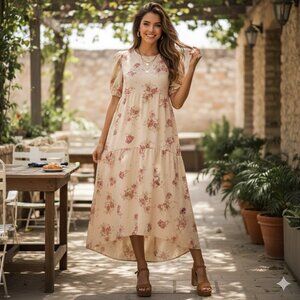 NWT En Saison Natural Color Floral Print Midi Dress Size Small